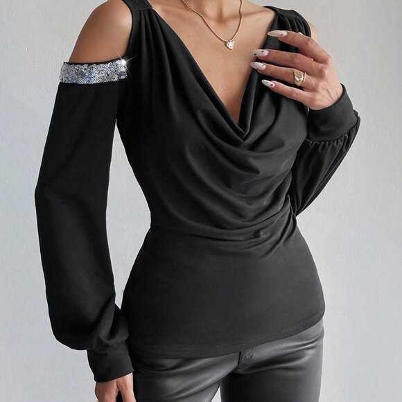 Black Elegant Women's Off-The-Shoulder Party T-Shirt - Picture 7 of 8